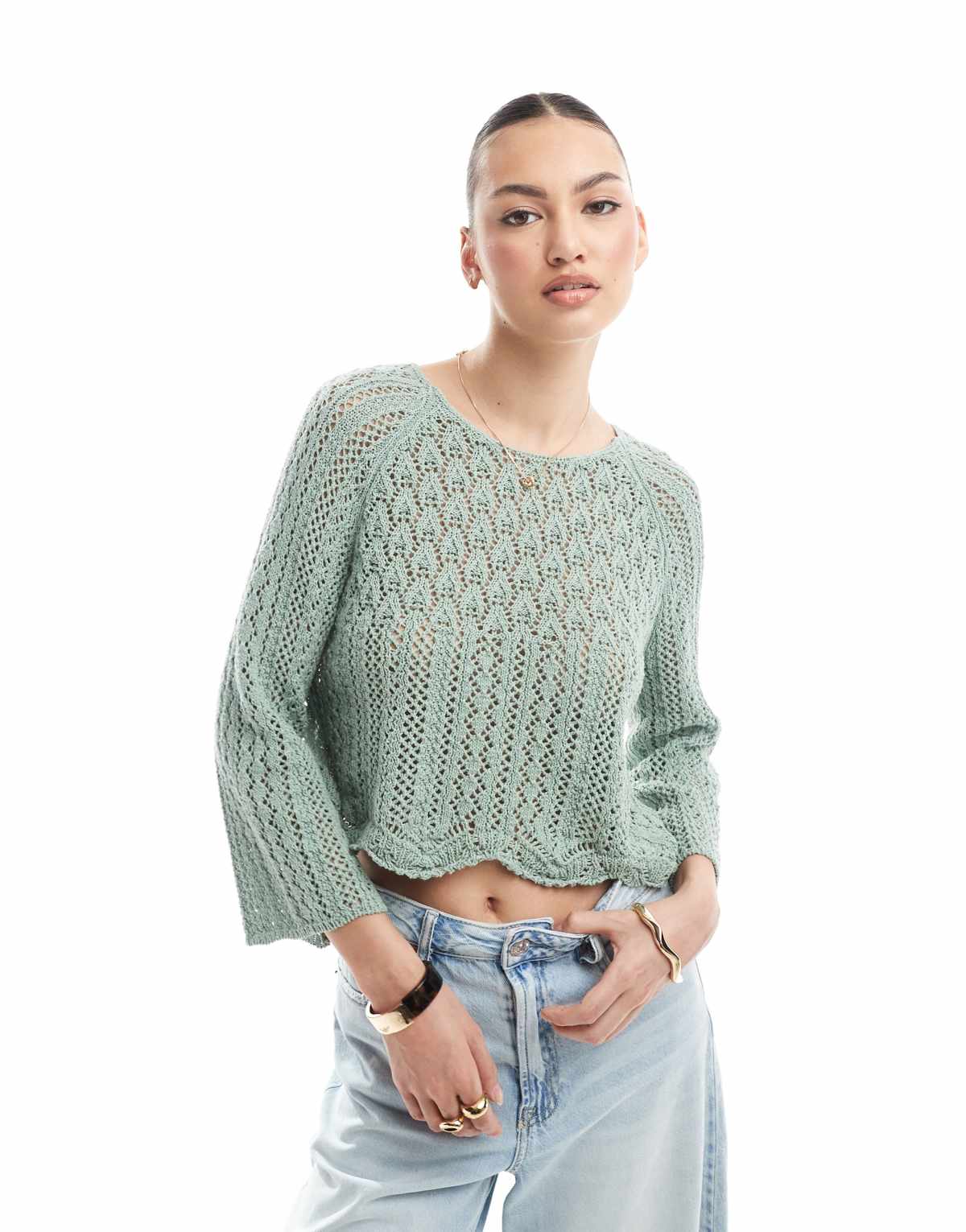 ONLY wide sleeve crochet top in mint green
