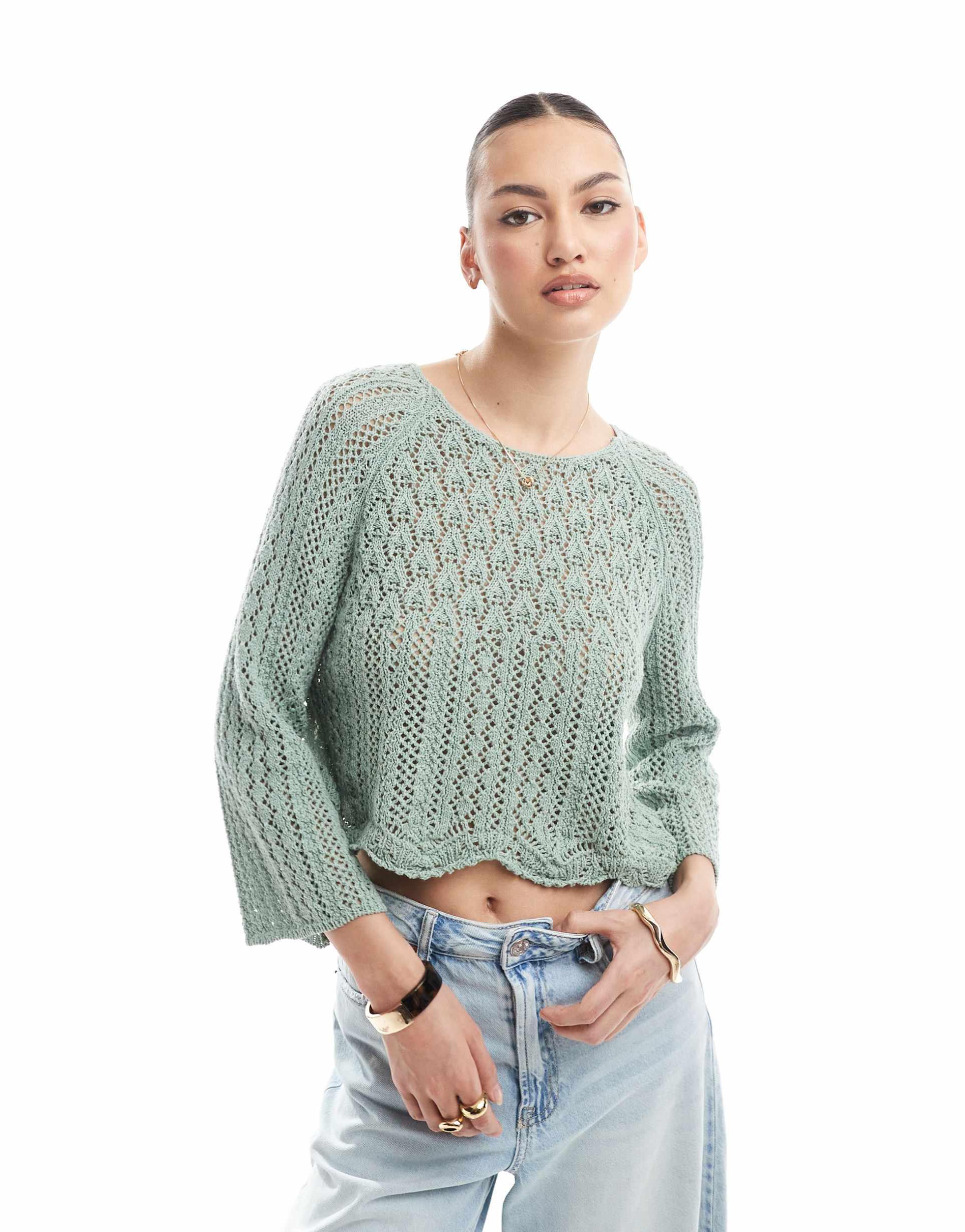 only wide sleeve crochet top in mint green
