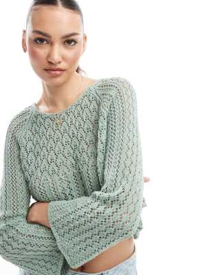 Shop Only Wide Sleeve Crochet Top In Green