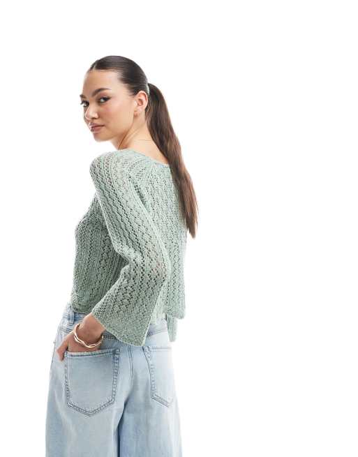 ONLY wide sleeve crochet top in mint green, 4 of 4