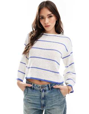 wide sleeve textured knitted sweater in cream with stripes-White