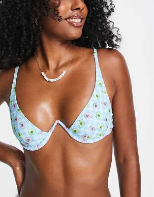 ONLY ONLY wired cup bikini top in blue floral and gingham