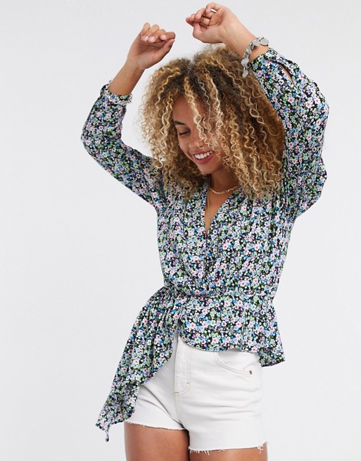 Only wrap detail blouse with asymmetric hem in floral print