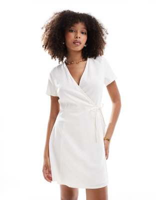 wrap linen mix mini dress in off-white