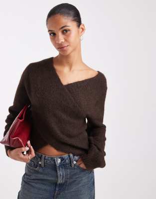 Only Wrapped Knitted Sweater In Brown