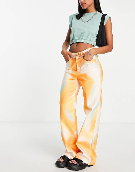 Only x Neon & Nylon high waisted wide leg jeans in orange marble print