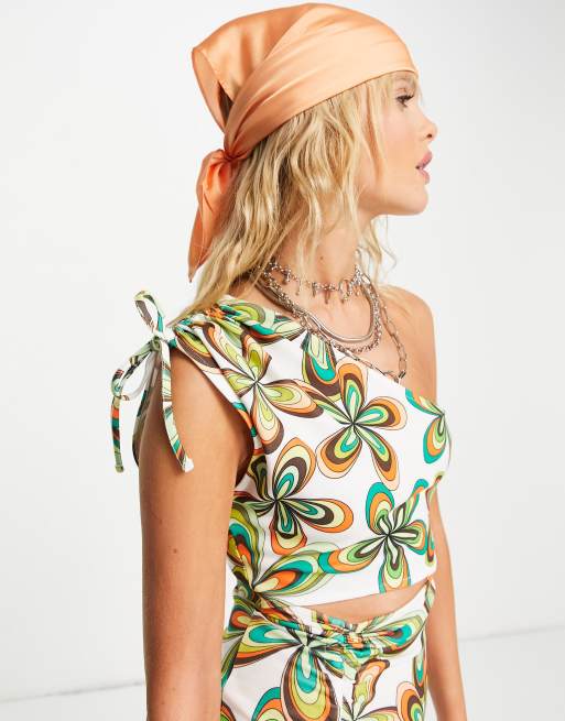 Only x Neon & Nylon one shoulder cut-out mini dress in green 70s floral, 3 of 4