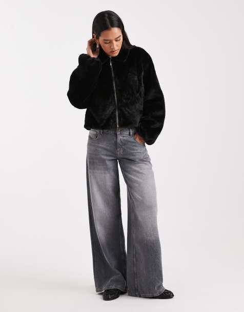 ONLY zip through faux fur jacket in black