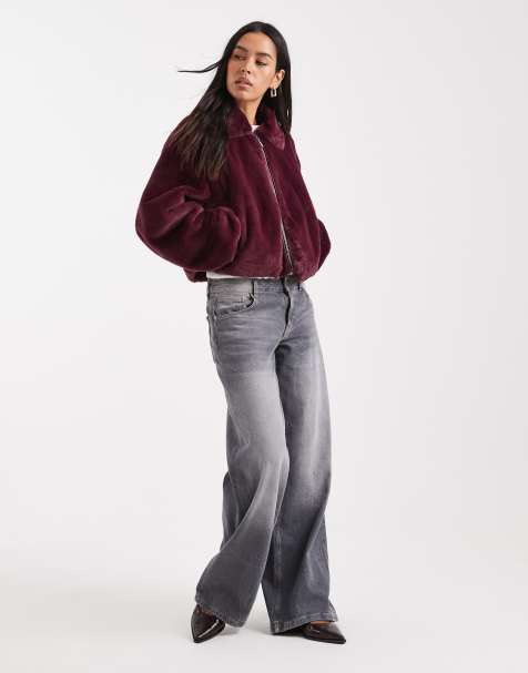 ONLY zip through faux fur jacket in burgundy