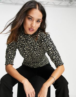 Only zille 3/4 sleeve smock top in black leopard print