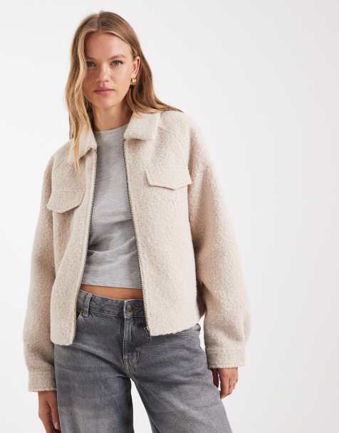 ONLY zip thorugh boucle jacket in cream - view 1