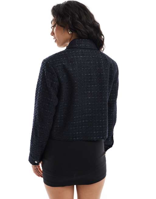 ONLY zip through boucle cropped jacket in navy, 3 of 4