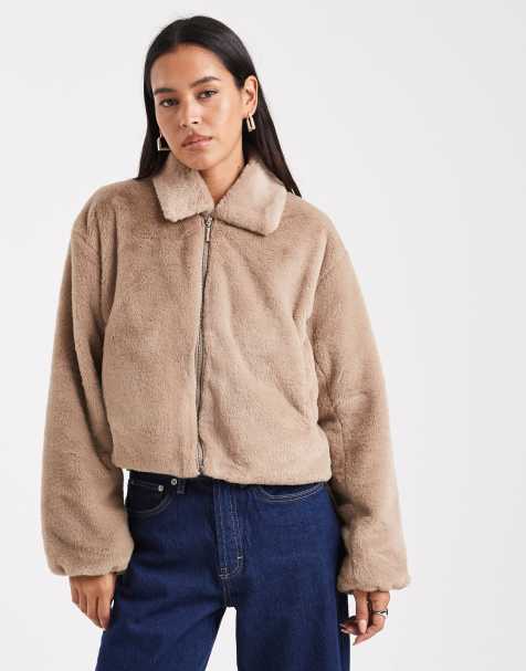 ONLY zip through faux fur jacket in beige - view 1