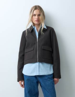Only Zip Through Faux Wool Short Jacket In Brown