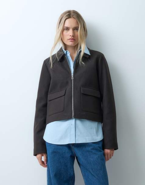 ONLY zip through faux wool short jacket in chocolate brown - view 1