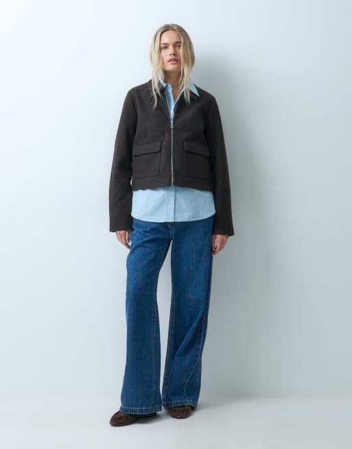 ONLY zip through faux wool short jacket in chocolate brown, 2 of 4