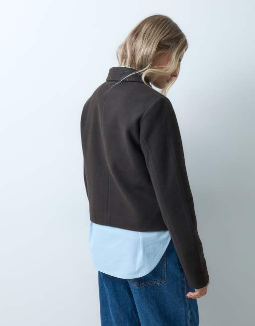 ONLY zip through faux wool short jacket in chocolate brown, 4 of 4