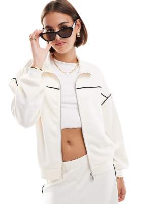 ONLY ONLY zip through funnel neck sweat co-ord with contrast piping in cream-White