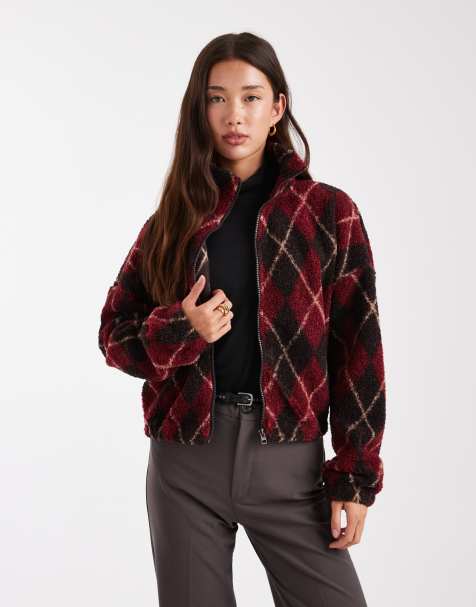 ONLY zip through teddy fleece in burgundy checks - view 1