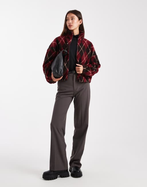 ONLY zip through teddy fleece in burgundy checks, 2 of 4