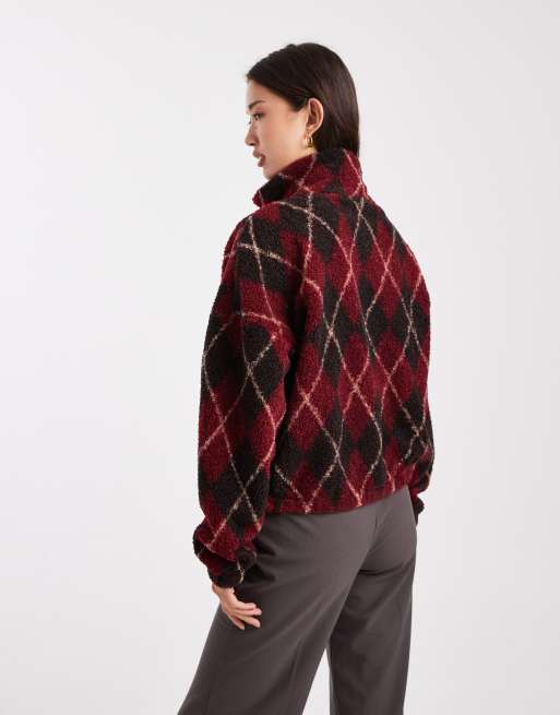 ONLY zip through teddy fleece in burgundy checks, 4 of 4