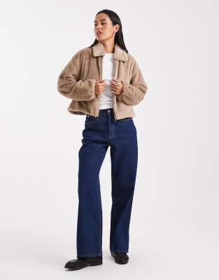 Only Zip Up Faux Fur Jacket In Neutral