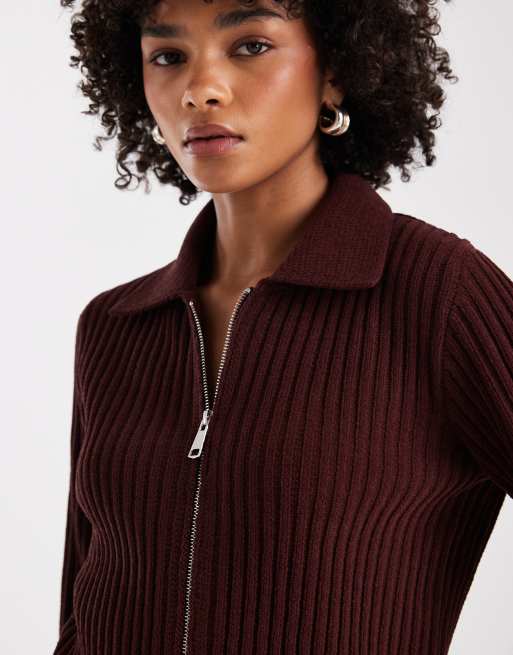 ONLY zip up knit polo shirt in dark burgundy, 2 of 4