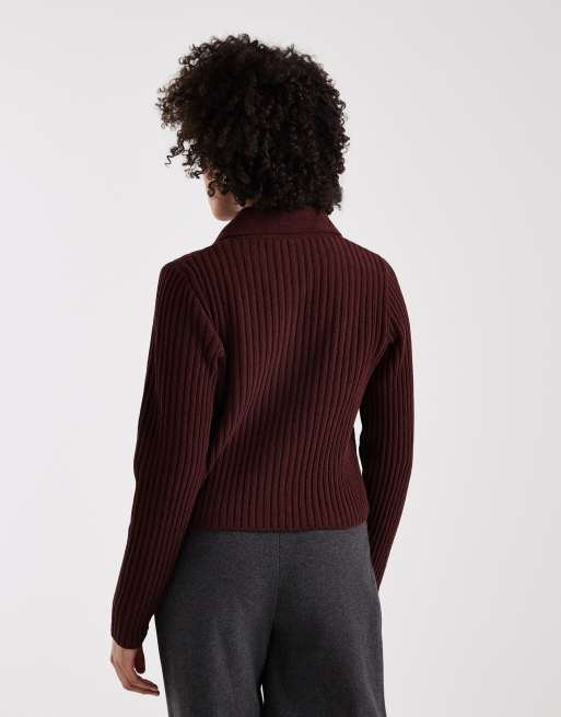 ONLY zip up knit polo shirt in dark burgundy, 3 of 4