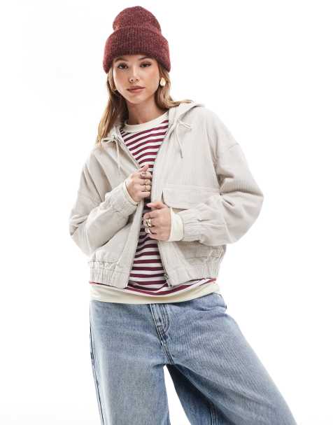 ONLY zipped through cord hooded jacket in cream - view 1