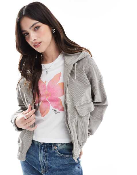ONLY zipped through cord hooded jacket in grey - view 1