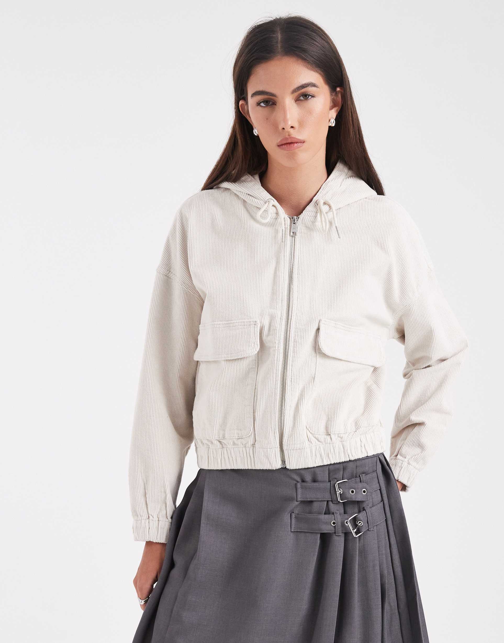 only zipped through cord hooded jacket in stone