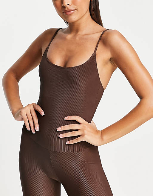 Women Onzie full length yoga leotard in chocolate brown 