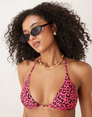 OOSC Pink leopard triangle bikini top in pink - view 1