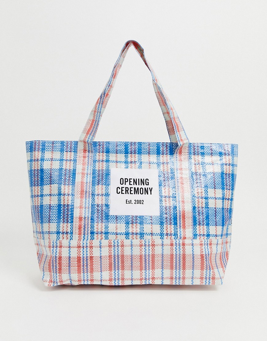Opening Ceremony dual colour medium check tote-Blue