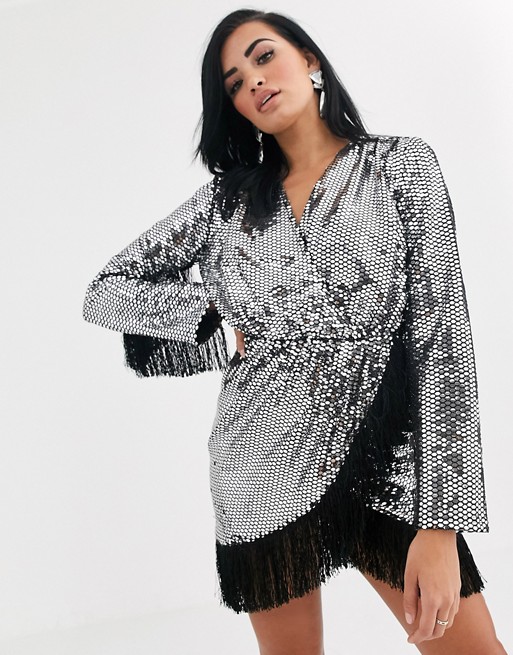 Opulence England premium party long sleeve sequin fringe mini dress in silver