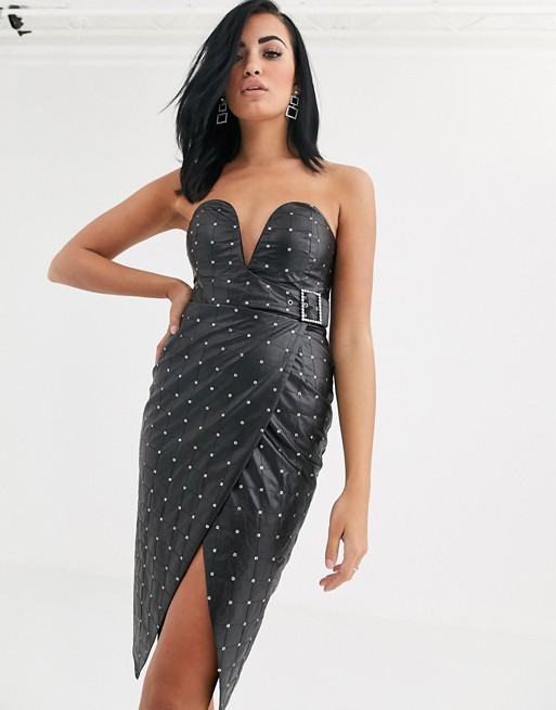 Opulence England premium party pu sequin midi dress with belt detail in black