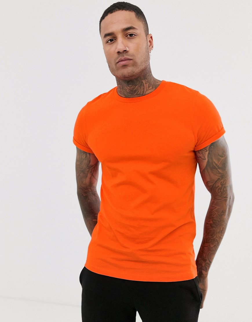 фото Оранжевая футболка с круглым вырезом и отворотами на рукавах asos design-оранжевый