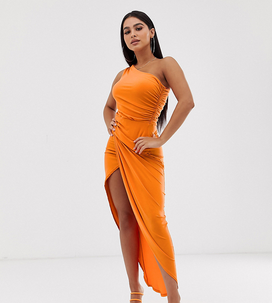 фото Оранжевое асимметричное платье миди на одно плечо с разрезом john zack petite-оранжевый