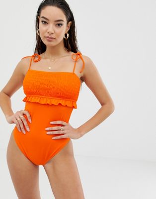 фото Оранжевый слитный купальник с присборенной драпировкой asos design
