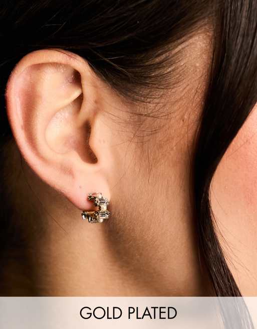 Orelia 18k gold plated baguette and pearl huggie hoops