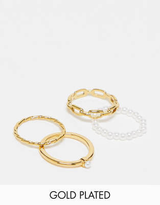 Orelia 18K gold plated pearl and chain link rings multipack