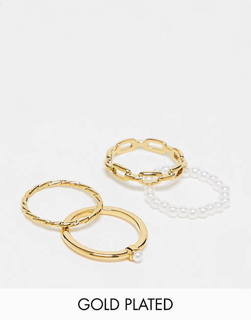 Orelia 18K gold plated pearl and chain link rings multipack