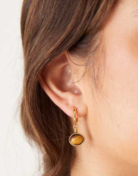 Orelia – 18K guldpläterade creoler med hänge i halvädelstenen tigeröga - view 1