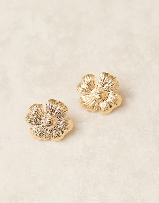 Orelia - 18k vergulde statement oorknopjes met getextureerde bloem, 2 van 3