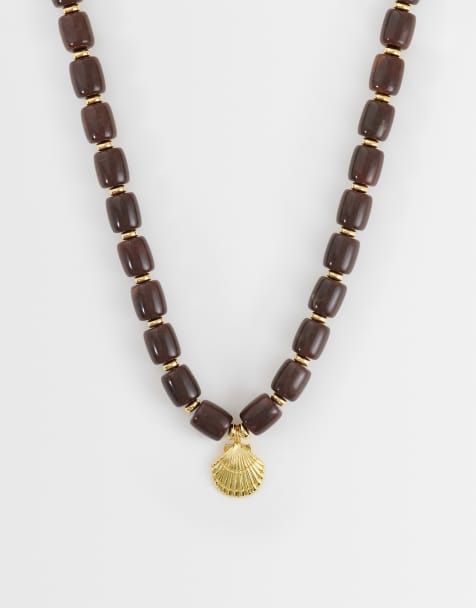 Orelia - 18kt vergulde statement ketting met schelp en kralen in bruin - view 1