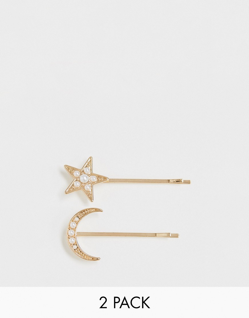 Orelia 2 pack pearl star and moon hair slides-Gold