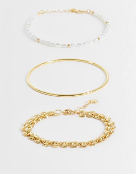 Orelia 3 pack faux pearl, chain and bangle bracelets in 18ct gold plated - view 1