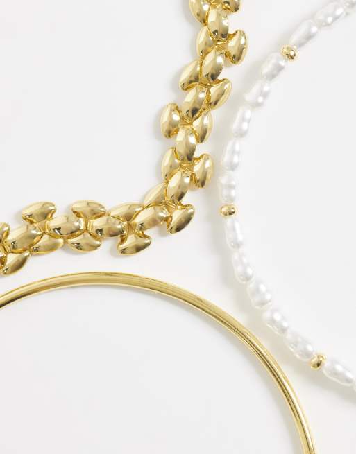 Orelia 3 pack faux pearl, chain and bangle bracelets in 18ct gold plated, 2 of 3