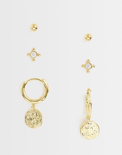 Orelia 3 pack mini coin hoop and stud earrings in 18k gold plated - view 1