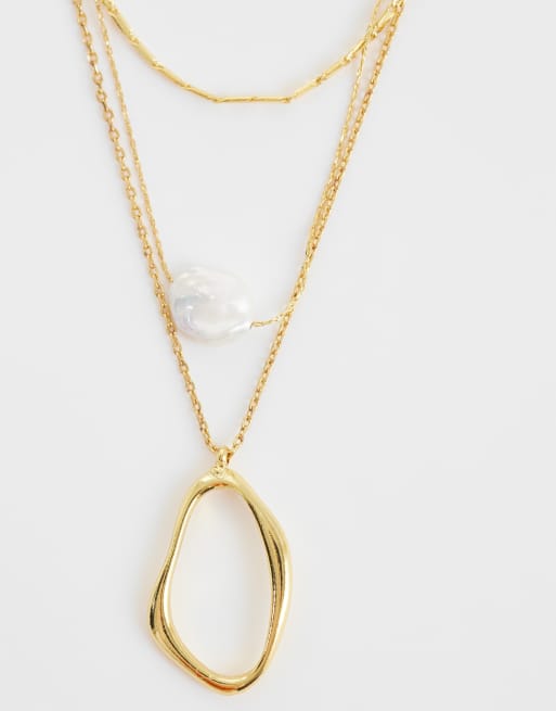 Orelia 3 row irregular oval and faux pearl necklace in 18ct gold plated, 3 of 4